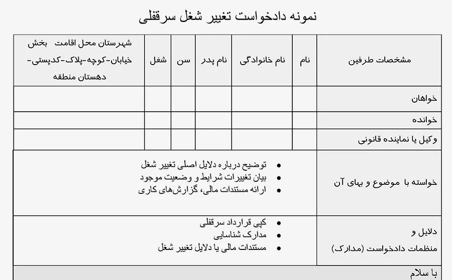 عکس نمونه دادخواست تغییر شغل سرقفلی