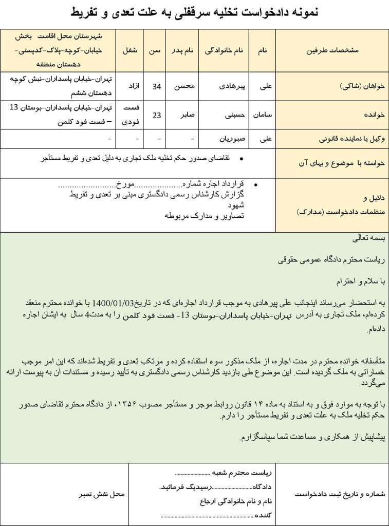 عکس دادخواست تخلیه سرقفلی به علت تعدی و تفریط