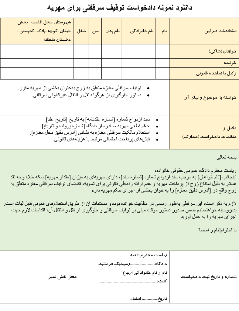 عکس دادخواست توقیف سرقفلی برای مهریه