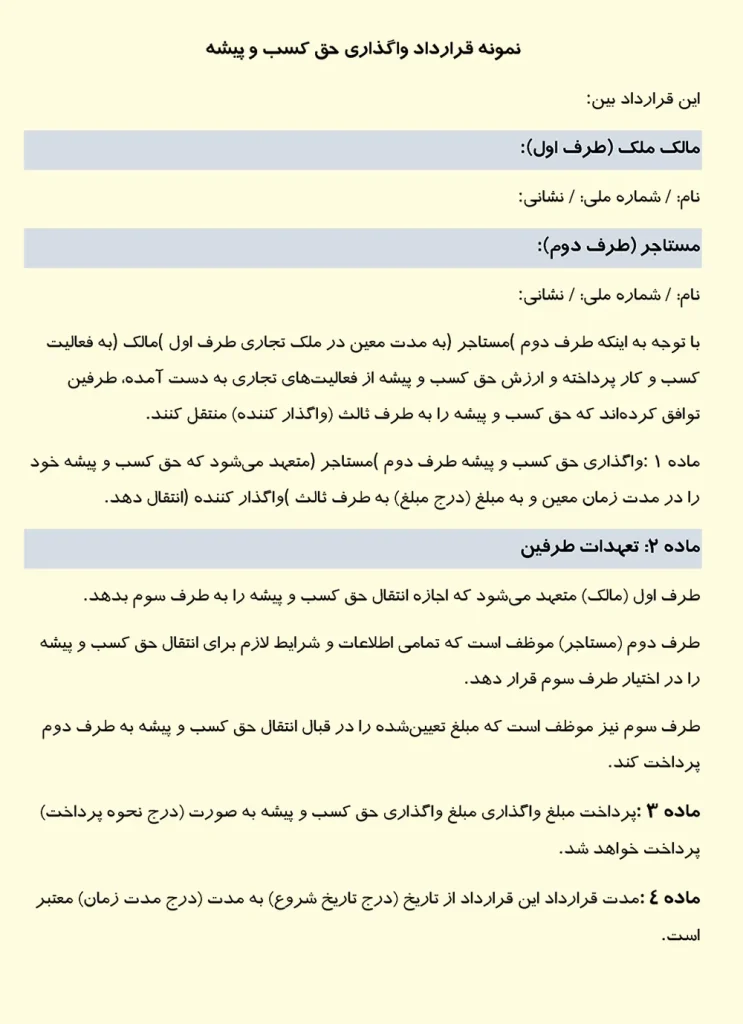 تصویر نمونه قرارداد واگذاری حق کسب و پیشه