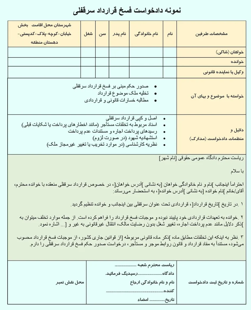 عکس نمونه دادخواست فسخ قرارداد سرقفلی