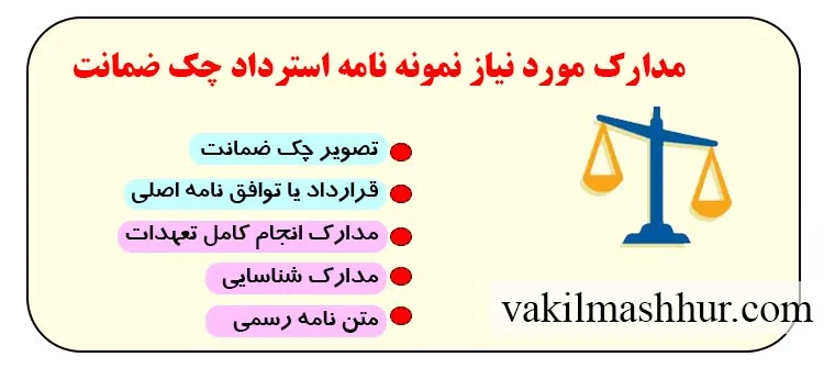 مدارک مورد نیاز جهت تنظیم نمونه نامه استرداد چک ضمانت