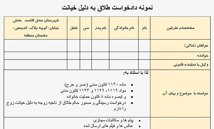 عکس نمونه دادخواست طلاق به دلیل خیانت