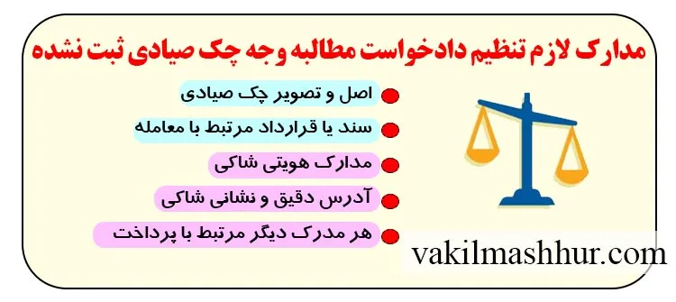 مدارک لازم جهت تنظیم دادخواست مطالبه وجه چک صیادی ثبت نشده