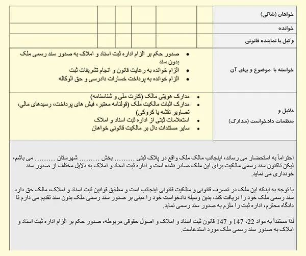 عکس دادخواست دریافت سند برای ملک بدون سند
