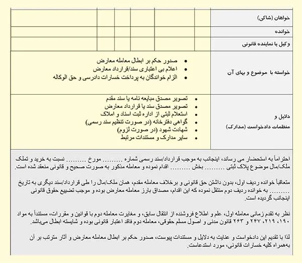 عکس نمونه دادخواست ابطال معامله معارض