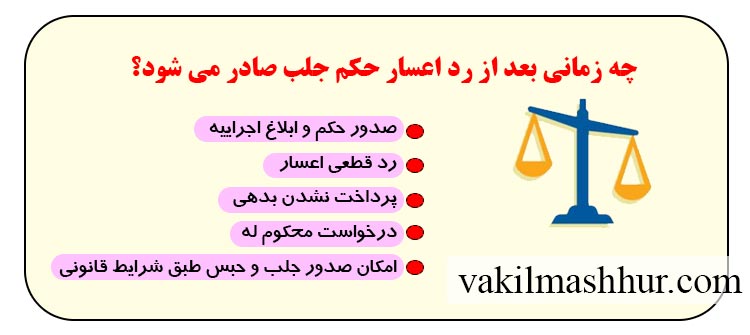 چه زمانی بعد از رد اعسار حکم جلب صادر می‌ شود؟